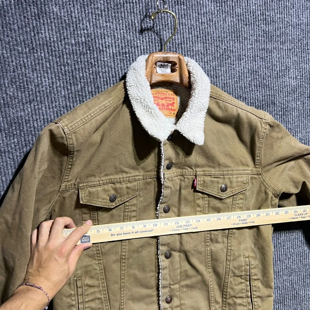 Levis Sherpa Lined Trucker Jacket Mens Medium Tan Khaki Canvas Workwear Coat